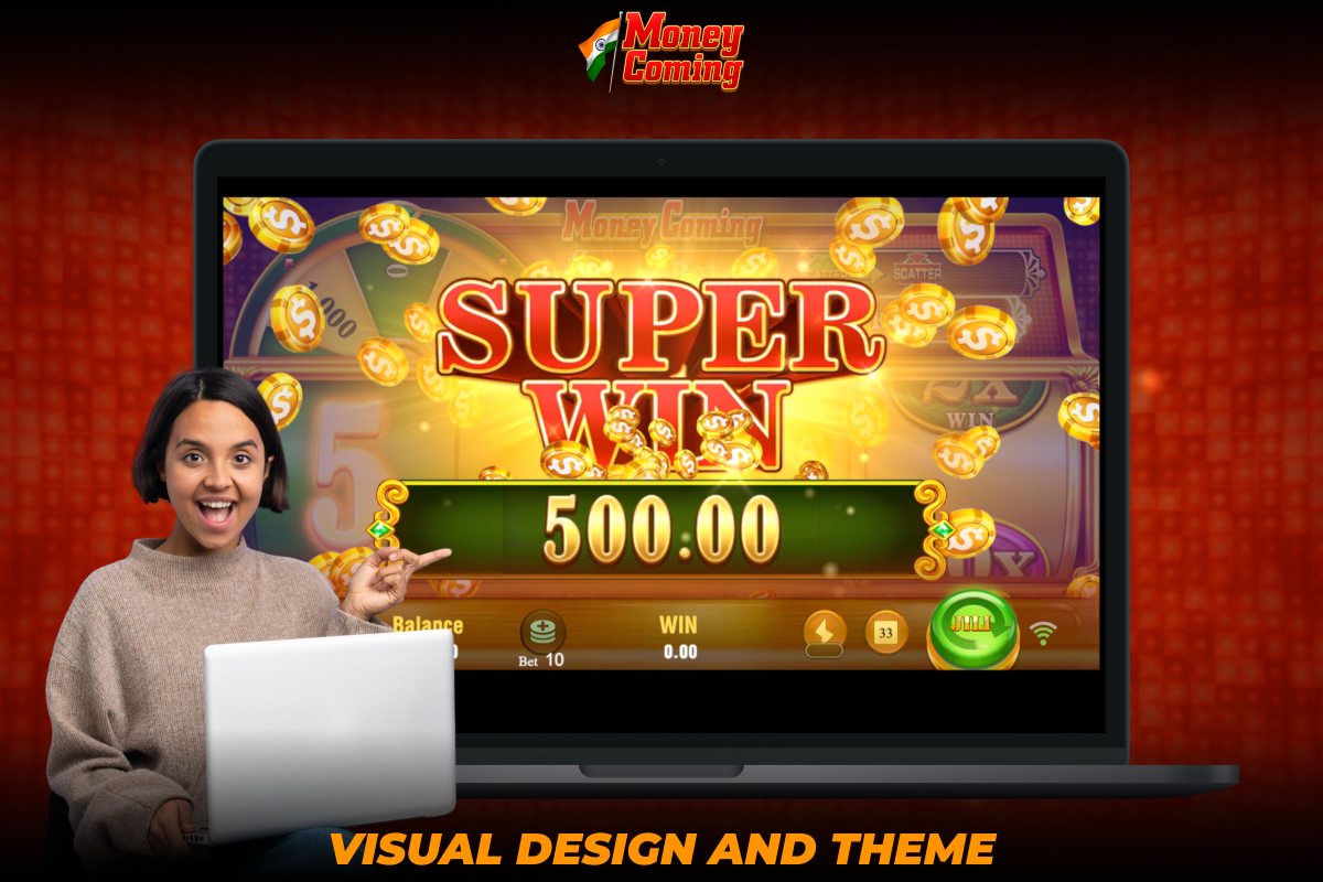 The visual design of Money Coming slot is built around gold and green elements, which are complemented by colorful animations